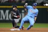 FILE - Minnesota Twins shortstop Willi Castro, left, bobbles the throw to the bag as Texas Rangers' Corey Seager reaches on a run-scoring double in the seventh inning of a baseball game, Aug. 18, 2024, in Arlington, Texas. (AP Photo/Tony Gutierrez, File)