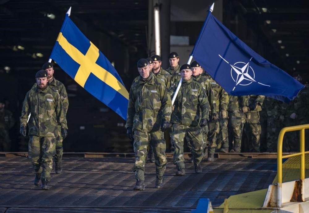 Swedish soldiers disembarked in the port of Riga, Latvia, Saturday, Jan. 18, 2025, to join a Canadian-led multinational brigade along NATO’s eastern flank. (Johan Nilsson/TT News Agency via AP)
