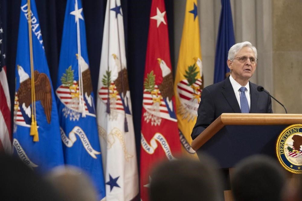 Attorney General Merrick Garland speaks during a farewell ceremony at the Department of Justice, Thursday, Jan. 16, 2025, in Washington. (AP Photo/Mark Schiefelbein)