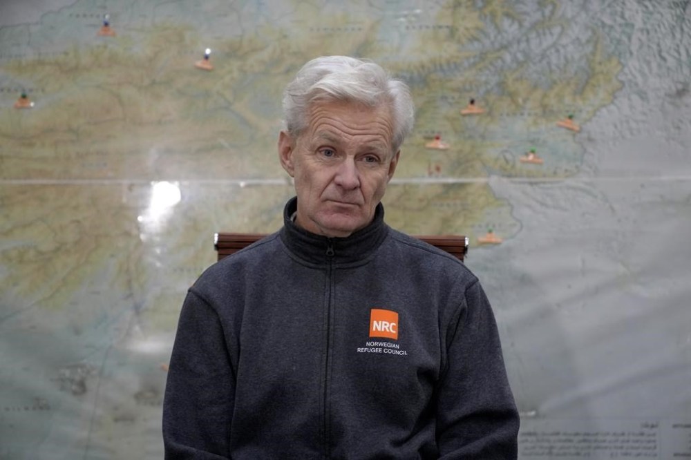 Secretary General of the Norwegian Refugee Council, NRC, Jan Egeland, listens to a question during an interview with The Associated Press in Kabul, Afghanistan, Sunday, Jan. 8, 2023. (AP Photo/Ebrahim Noroozi)