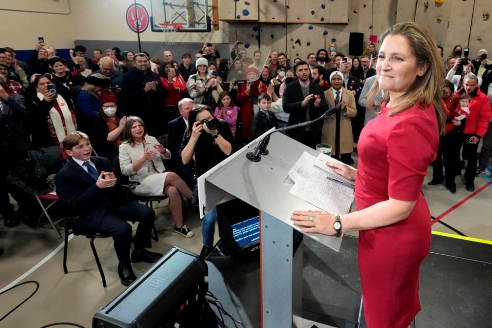 Former finance minister Chrystia Freeland speaks at a press conference in Toronto on Sunday Jan. 19, 2025, as she kicks off her campaign to become the next Liberal party leader. THE CANADIAN PRESS/Frank Gunn