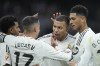 Real Madrid's Kylian Mbappe celebrates after scoring a goal against Las Palmas during a Spanish La Liga soccer match at the Santiago Bernabeu Stadium in Madrid, Spain, Sunday, Jan. 19, 2025. (AP Photo/Bernat Armangue)