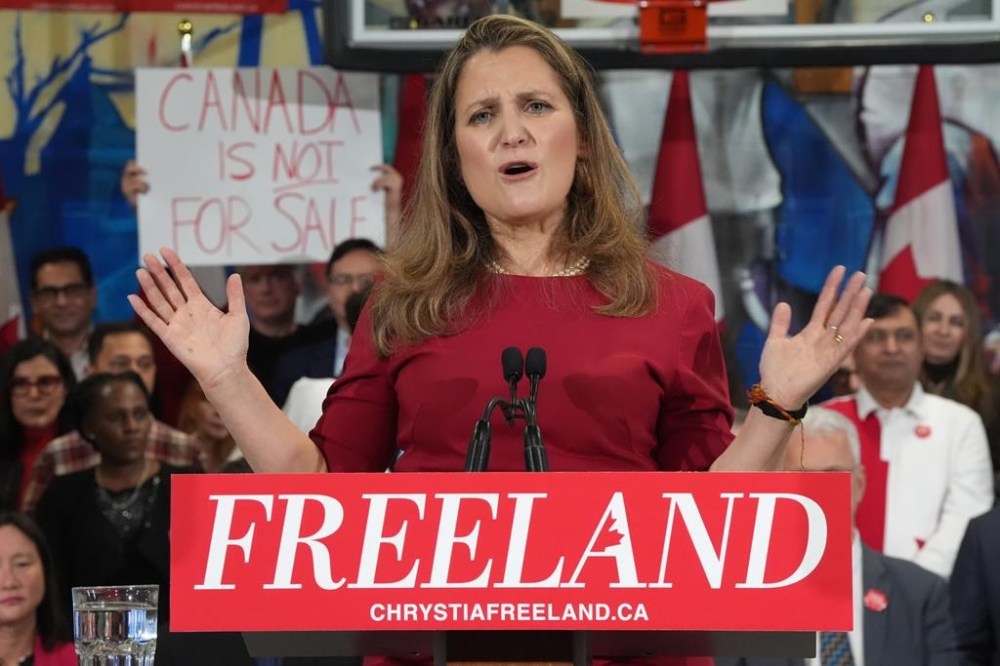 Former finance minister Chrystia Freeland speaks at a press conference in Toronto on Sunday Jan. 19, 2025, as she kicks off her campaign to become the next Liberal party leader. THE CANADIAN PRESS/Frank Gunn