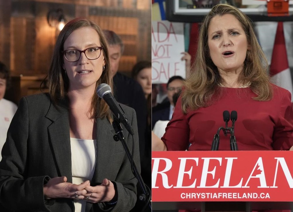 Karina Gould, left, and Chrystia Freeland are shown in this composite image from their respective press conferences on Sunday, January 19, 2025. THE CANADIAN PRESS