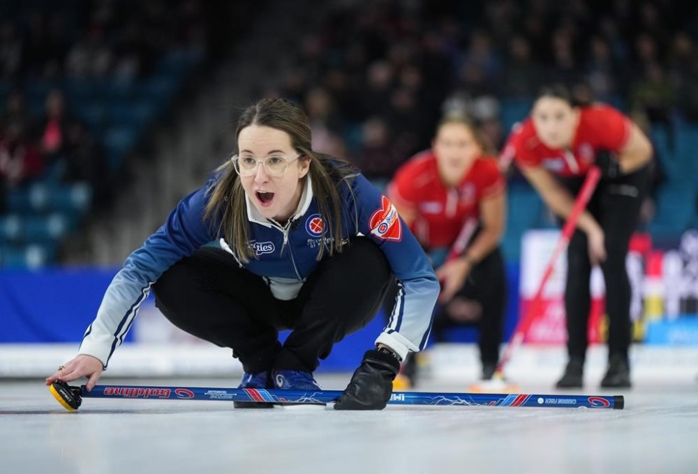 Nova Scotia skip Christina Black calls out to the sweepers while playing Team Canada in the playoffs at the Scotties Tournament of Hearts, in Kamloops, B.C., Saturday, Feb. 25, 2023. THE CANADIAN PRESS/Darryl Dyck