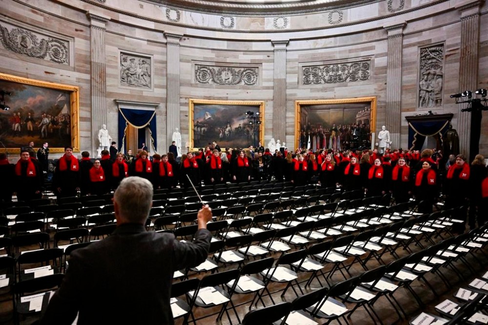Choir students from the University of Nebraska-Lincoln practice before the 60th Presidential Inauguration in the Rotunda of the U.S. Capitol in Washington, Monday, Jan. 20, 2025. (Ricky Carioti/The Washington Post via AP, Pool)