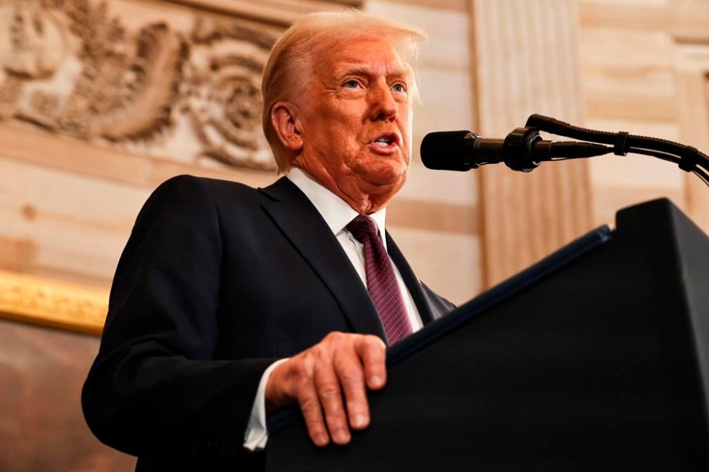President Donald Trump speaks during the 60th Presidential Inauguration in the Rotunda of the U.S. Capitol in Washington, Monday, Jan. 20, 2025. (Chip Somodevilla/Pool Photo via AP)