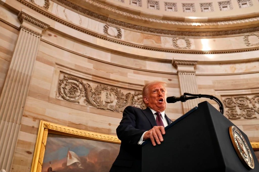 President Donald Trump speaks during the 60th Presidential Inauguration in the Rotunda of the U.S. Capitol in Washington, Monday, Jan. 20, 2025. (Chip Somodevilla/Pool Photo via AP)