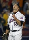FILE - New York Mets' Billy Wagner reacts after the third out against the Los Angeles Dodgers to end Game 2 of Major League Baseball's National League Division Series, Oct. 5, 2006, at Shea Stadium in New York. (AP Photo/Bill Kostroun, File)