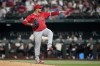 Los Angeles Angels reliever Jose Quijada points to the plate after delivering a pitch to Texas Rangers' Nathaniel Lowe in the ninth inning of a baseball game Friday, Sept. 6, 2024, in Arlington, Texas. (AP Photo/Tony Gutierrez, File)