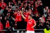 Benfica's Vangelis Pavlidis celebrates his side's third goal during a Champions League opening phase soccer match between SL Benfica and FC Barcelona at the Luz stadium in Lisbon, Tuesday, Jan. 21, 2025. (AP Photo/Armando Franca)