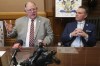 Kansas House Speaker Dan Hawkins, left, R-Wichita, speaks to reporters during a news conference following the annual State of the State address, as Senate President Ty Masterson, right, R-Andover, watches, Wednesday, Jan. 15, 2025, at the Statehouse in Topeka, Kan. (AP Photo/John Hanna)