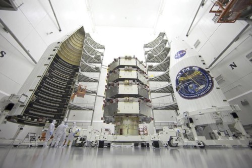 NASA’s four Magnetospheric Multiscale, or MMS, satellites at the Astrotech Space Operations facility in Titusville, Florida, March 2015. (NASA via AP)
