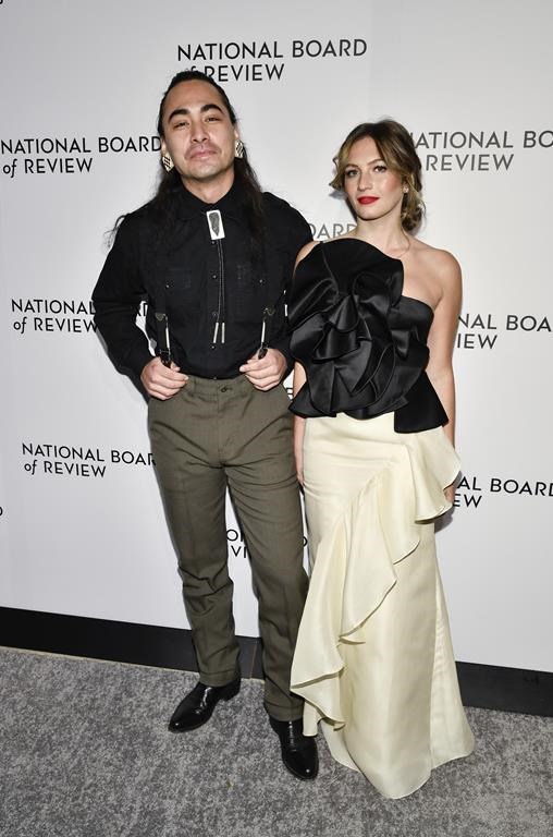 Julian Brave NoiseCat, left, and Emily Kassie attend the National Board of Review Awards gala at Cipriani 42nd Street on Tuesday, Jan. 7, 2025, in New York. The film “Sugarcane