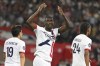 FILE- PSG's Randal Kolo Muani celebrates after scoring his side's third goal during the French League 1 soccer match between Lille and Paris Saint-Germain, in Villeneuve-d'Ascq, France, Sept. 1, 2024. (AP Photo/Mathieu Mirville, File)