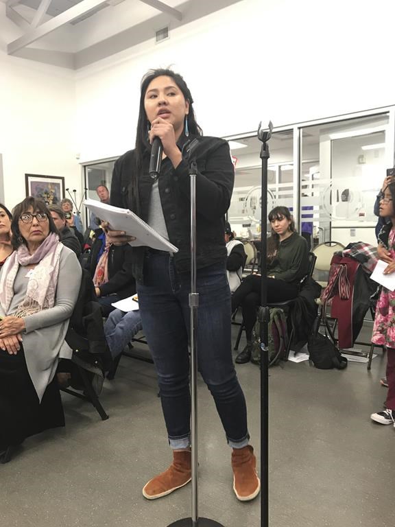 FILE - McKenzie Johnson, a Cibola High School student who is Navajo, speaks at an Albuquerque Public Schools Native American Open Community Forum in 2019 in Albuquerque, N.M. (Shelby Perea/The Albuquerque Journal via AP, File)