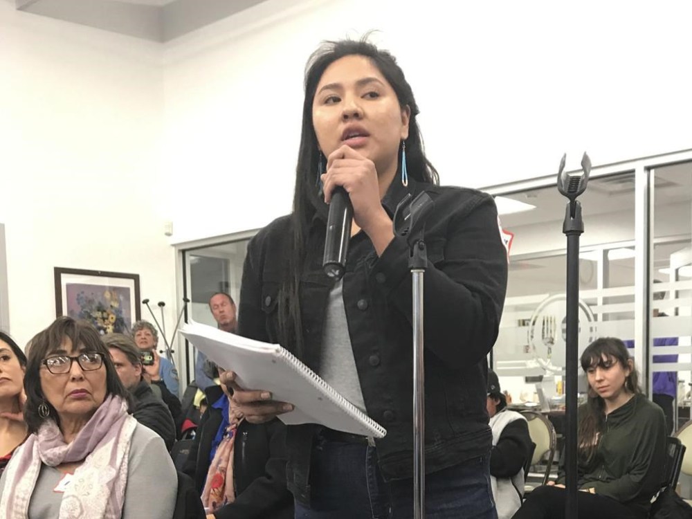 FILE - McKenzie Johnson, a Cibola High School student who is Navajo, speaks at an Albuquerque Public Schools Native American Open Community Forum in 2019 in Albuquerque, N.M. (Shelby Perea/The Albuquerque Journal via AP, File)
