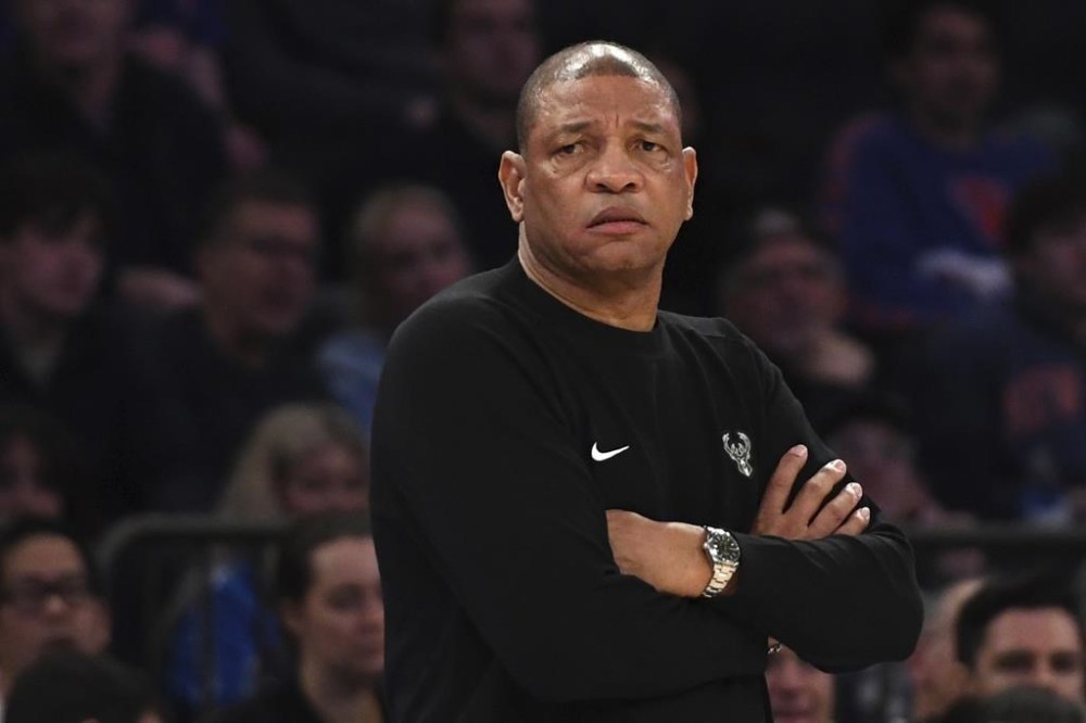 Milwaukee Bucks head coach Doc Rivers stands on the court during the second half of an NBA basketball game against the New York Knicks Sunday, Jan. 12, 2025, in New York. (AP Photo/Pamela Smith)
