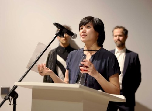 Casey Wei, winner of the 8th Philip B. Lind Emerging Artist Prize, accepts the award in a ceremony at The Polygon Gallery in Vancouver on Thursday, Jan. 23, 2025. THE CANADIAN PRESS/HO-Alison Boulier **MANDATORY CREDIT**