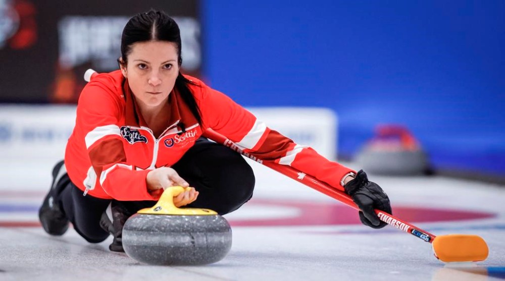 Team Canada skip Kerri Einarson delivers a stone at the Scotties Tournament of Hearts in Calgary, Friday, Feb. 23, 2024. Four-time Canadian champion Einarson is sticking with her current lineup for the upcoming Scotties Tournament of Hearts despite the reinstatement of lead Briane Harris. THE CANADIAN PRESS/Jeff McIntosh