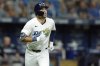 FILE - Tampa Bay Rays' Dylan Carlson watches his solo home run off Arizona Diamondbacks starting pitcher Ryne Nelson during the fifth inning of a baseball game, Aug. 16, 2024, in St. Petersburg, Fla. (AP Photo/Chris O'Meara, File)