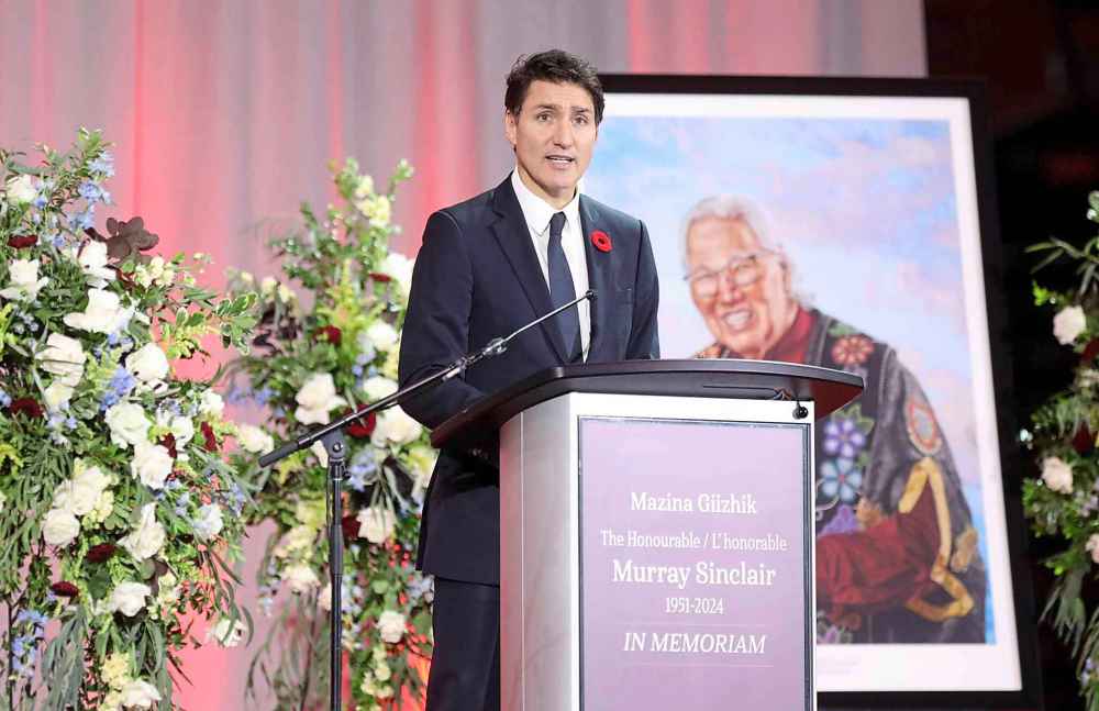 Trudeau speaks during a commemorative service for Murray Sinclair in November 2024. (Ruth Bonneville / Free Press files)