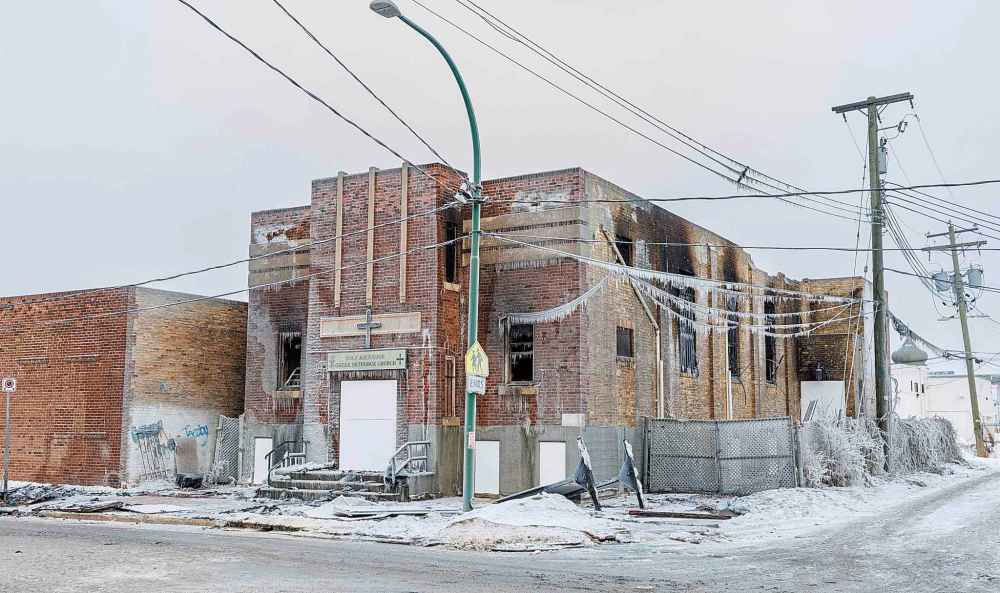 The remains of a vacant Point Douglas church, the Holy Ascension Greek Orthodox Church at 197 Euclid Ave. that was destroyed by fire on Monday night. (Mike Deal / Free Press)