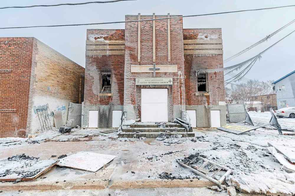 The remains of the Holy Ascension Greek Orthodox Church, at 197 Euclid Ave., seen on Tuesday. (Mike Deal / Free Press)