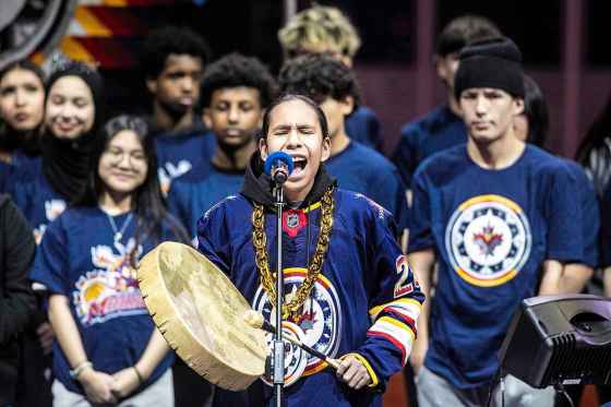 Nathaniel Sinclair, from Pukatawagan, performs ahead of the Winnipeg Jets seventh annual WASAC Night at the Canada Life Centre. (Mikaela MacKenzie / Free Press)