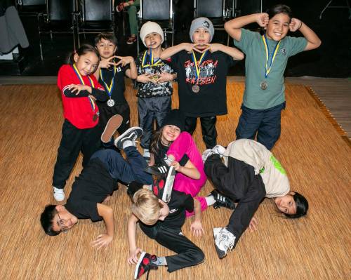 BROOK JONES / FREE PRESS
                                Among local breakdancers competing last Saturday with Olympic ambitions are: (back row from left) Nehemiah Natoc, Eli Lopez, Silas Comia, Josiah Natoc and Nico Lopez; (middle row from left) Caleb Reyes, Stella Dandoneau and Misa Comia; and (front row) Danny Adams.