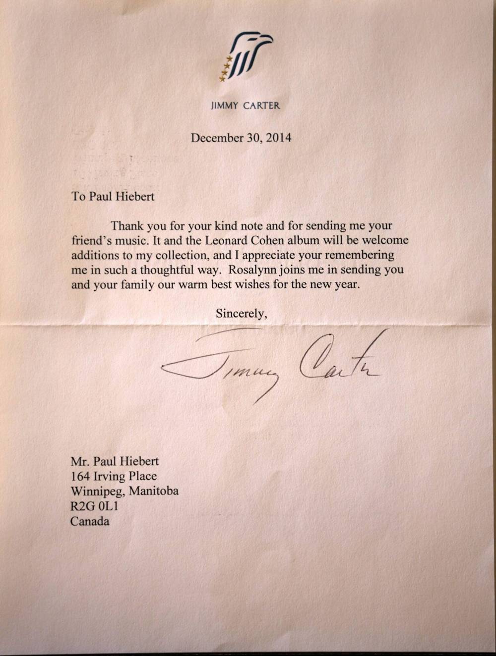 RUTH BONNEVILLE / FREE PRESS
Jimmy Carter wrote Paul Hiebert in 2014 to thank him for the gift of a Leonard Cohen album.