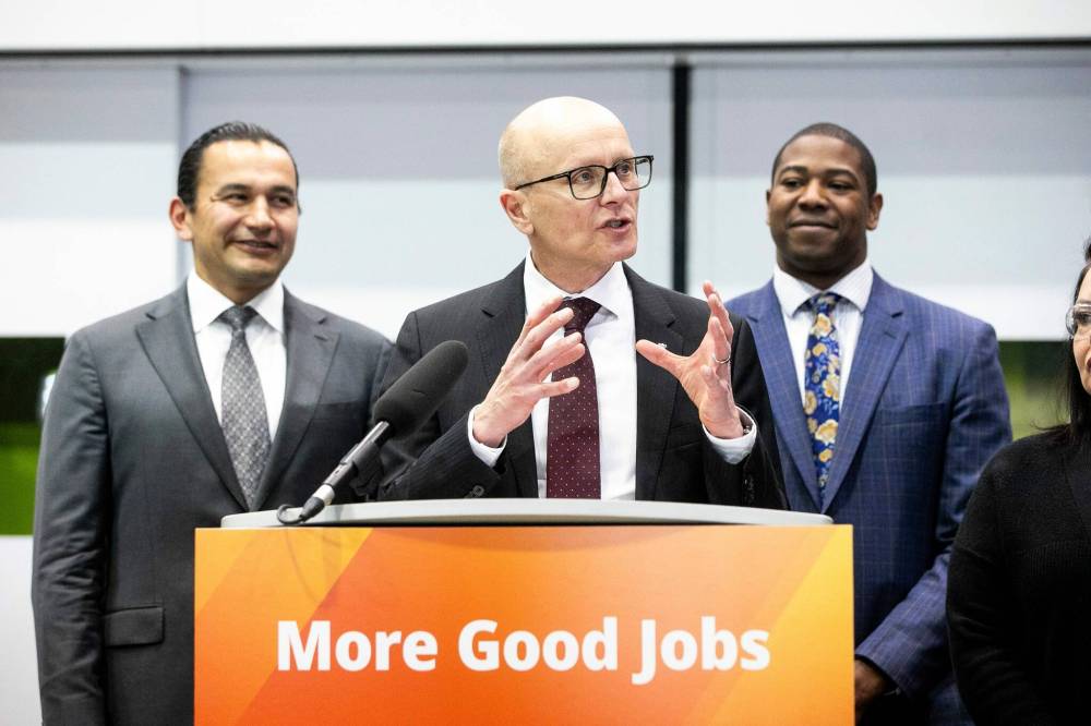 MIKAELA MACKENZIE / FREE PRESS
Fred Meier, president and CEO of RRC Polytech, speaks at the announcement for provincial job funding at Magellan Aerospace in Winnipeg on Thursday.