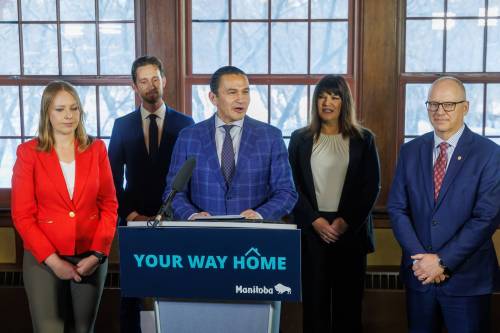 MIKE DEAL / FREE PRESS
                                From left: Tessa Blaikie Whitecloud, MLA David Pankratz (Waverley), Premier Wab Kinew, Housing, Addictions and Homelessness Minister Bernadette Smith and Mayor Scott Gillingham announced a new strategy to tackle chronic homelessness during a news conference Tuesday.
