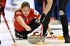 Canada’s Briane Harris in action during the round robin session 1 match between Canada and Sweden of the Women’s World Curling Championship at Goransson Arena in Sandviken, Sweden, Saturday, March 18, 2023. (Jonas Ekstromer/TT News Agency via AP)