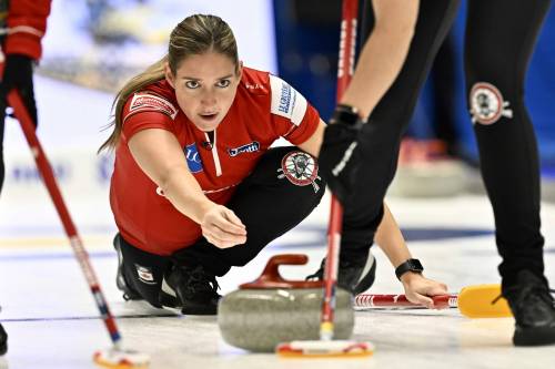 Canada&rsquo;s Briane Harris in action during the round robin session 1 match between Canada and Sweden of the Women&rsquo;s World Curling Championship at Goransson Arena in Sandviken, Sweden, Saturday, March 18, 2023. (Jonas Ekstromer/TT News Agency via AP)