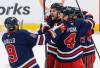 John Woods / THE CANADIAN PRESS
                                Dylan DeMelo (centre) celebrated with teammates Thursday after notching the game-winning goal in the last minute against the Seattle Kraken.