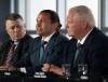 Manitoba Premier Wab Kinew, centre, speaks to reporters beside Prince Edward Island Premier Dennis King, left, and Ontario Premier Doug Ford as Canada’s premiers hold a press conference to close the Council of the Federation meetings in Halifax on Wednesday. (Darren Calabrese / The Canadian Press