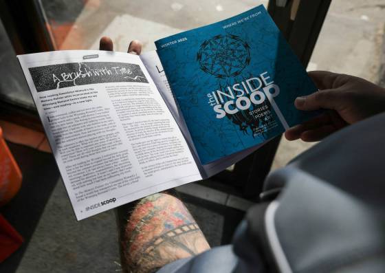 Greg, recently released from prison and staying at John Howard Society’s halfway house, sees his story A Brush With Time printed in The Inside Scoop. He turned to reading while behind bars to help stay away from drugs, and is excited for his children to see the piece he created. (Ruth Bonneville / Free Press)