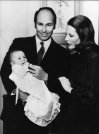 FILE - Karim Aga Khan, his wife the Begum Salima, and their son, Prince Rahim are seen in Geneva, Feb. 9, 1972. The baby was born October 12, 1971, in Geneva. (AP Photo, File)