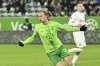Wolfsburg's Patrick Wimmer celebrates scoring during the German Bundesliga soccer match between VfL Wolfsburg and Holstein Kiel, at the Volkswagen Arena in Wolfsburg, Germany, Friday, Jan. 24, 2025. (Swen Pförtner/dpa via AP)