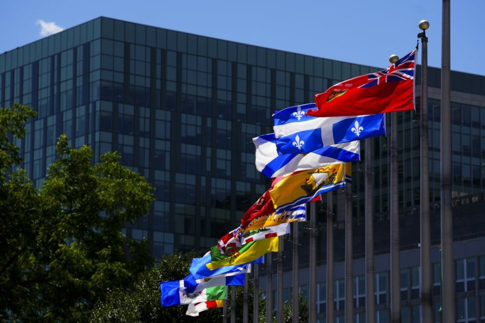 Canada's provincial and territorial flags blow in the wind in downtown Ottawa on June 28, 2024. THE CANADIAN PRESS/Sean Kilpatrick
