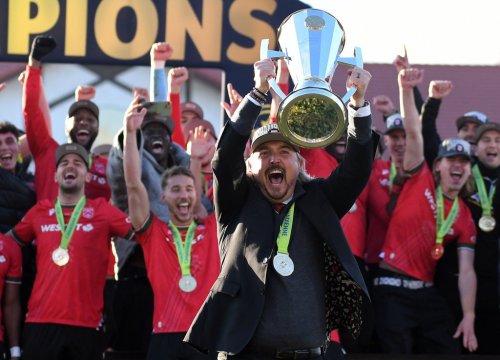 Cavalry FC head coach Tommy Wheeldon Jr. lifts the North Star Cup after Cavalry FC defeated Forge FC in the Canadian Premier League Final in Calgary, Saturday, November 9, 2024. THE CANADIAN PRESS/Stuart Gradon