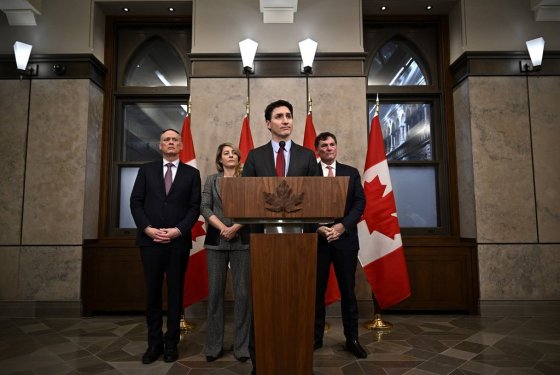 Prime Minister Justin Trudeau addresses media following the imposition of a raft of tariffs by U.S. President Donald Trump against Canada, Mexico and China on Saturday. (Justin Tang / The Canadian Press files)