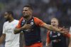 FILE - Montpellier's Andy Delort reacts after scoring the goal during the French League One soccer match between Marseille and Montpellier at the Velodrome stadium in Marseille, southern France, Saturday, Sept. 21, 2019. The goal has not been counted. (AP Photo/Daniel Cole, File)