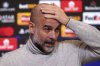 Manchester City manager Pep Guardiola reacts during a press conference at the City Football Academy in Manchester, England, Tuesday Jan. 28, 2025. (Martin Rickett/PA via AP)