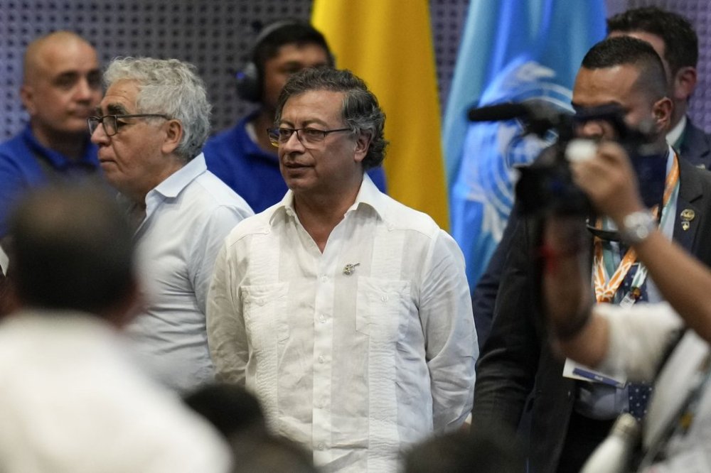 FILE - Colombia's President Gustavo Petro arrives at the opening ceremony of COP16, a United Nations' biodiversity conference, in Cali, Colombia, Oct. 20, 2024. (AP Photo/Fernando Vergara, file)