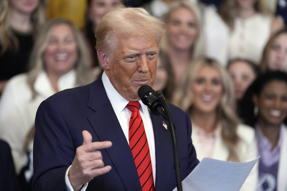 President Donald Trump speaks before signing an executive order barring transgender female athletes from competing in women's or girls' sporting events, in the East Room of the White House, Wednesday, Feb. 5, 2025, in Washington. (AP Photo/Alex Brandon)