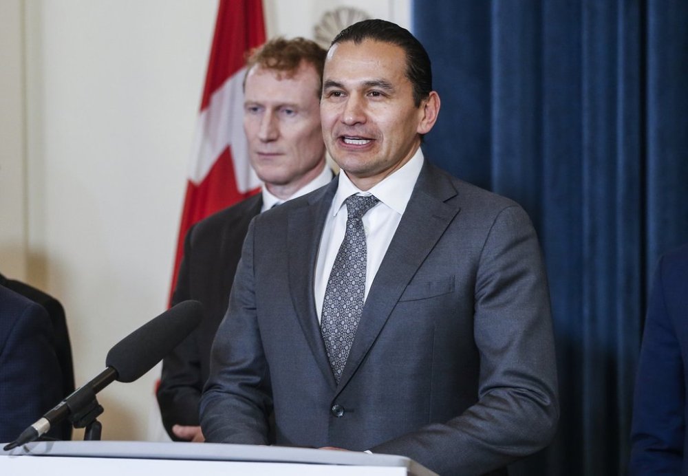 Manitoba Premier Wab Kinew speaks at the Manitoba Legislature in Winnipeg on Jan. 16, 2025. THE CANADIAN PRESS/John Woods