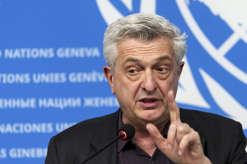 FILE - U.N. High Commissioner for Refugees (UNHCR), Filippo Grandi, gestures during a new press conference, at the European headquarters of the United Nations in Geneva, Switzerland, Monday, June 10, 2024. (Salvatore Di Nolfi/Keystone via AP, File)