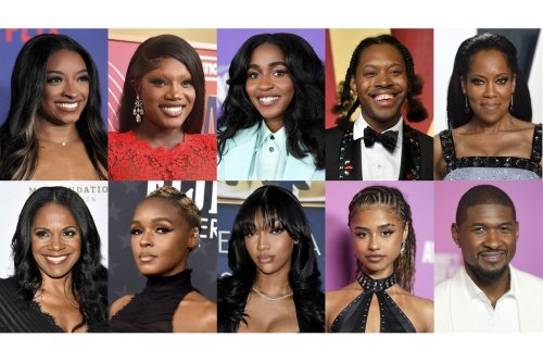 This combination of photos shows, top row from left, Simone Biles, Doechii, Ayo Edebiri, Jeremy O. Harris and Regina King, and bottom row from left, Audra McDonald, Janelle Monáe, Angel Reese, Tyla and Usher. (AP Photo)